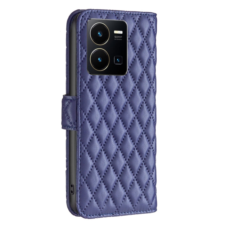 Blue diamond-lattice leather flip phone case with cutout for dual camera and flash