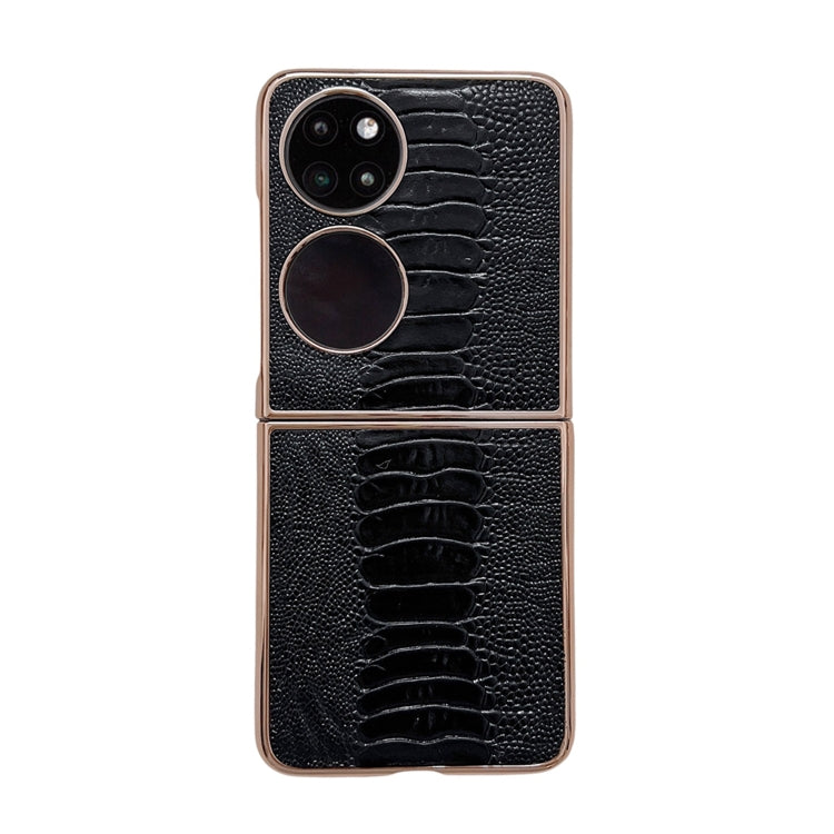 Black genuine leather phone case with crocodile texture, camera cutouts and dual rings