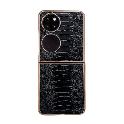 Black genuine leather phone case with crocodile texture, camera cutouts and dual rings
