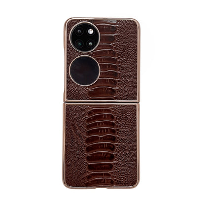 Brown genuine leather phone case with crocodile texture, camera cutout and dual rings