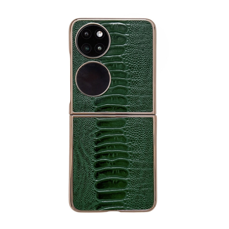 Green genuine leather phone case with crocodile texture, camera cutout and dual rings
