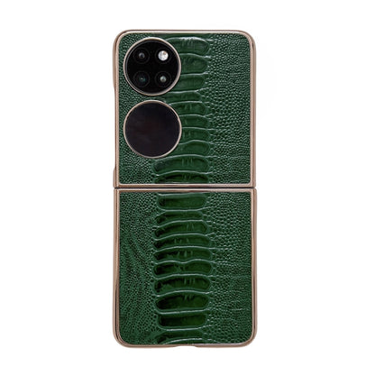 Green genuine leather phone case with crocodile texture, camera cutout and dual rings