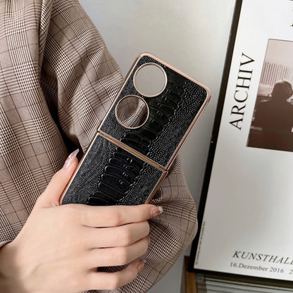 Black croc-texture phone case with camera cutout and two metal rings