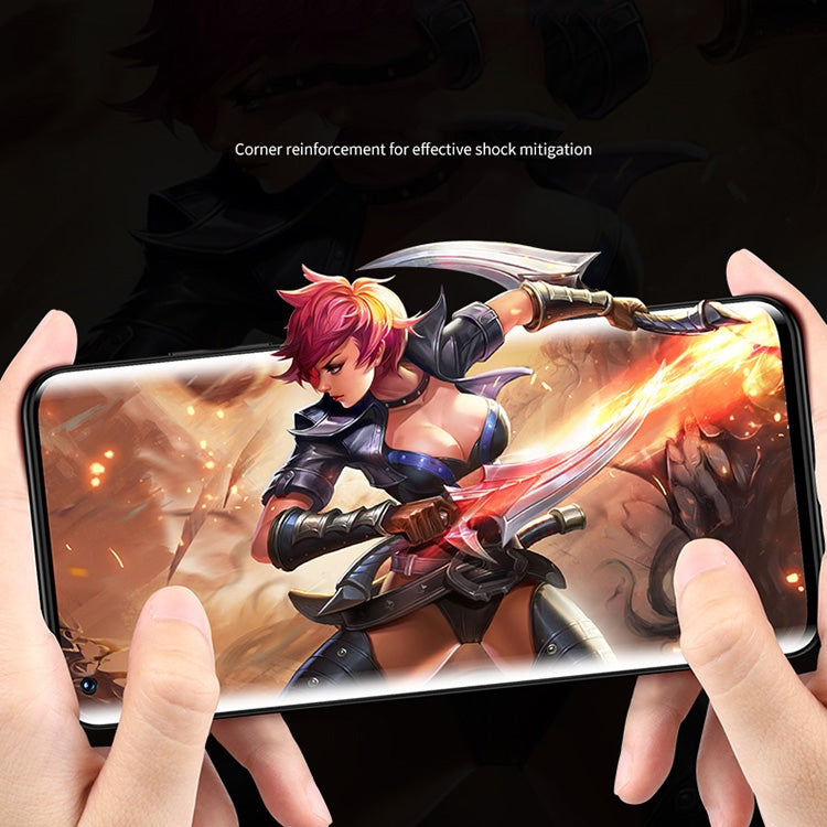 Frosted metal phone case held in hands over a protected phone screen