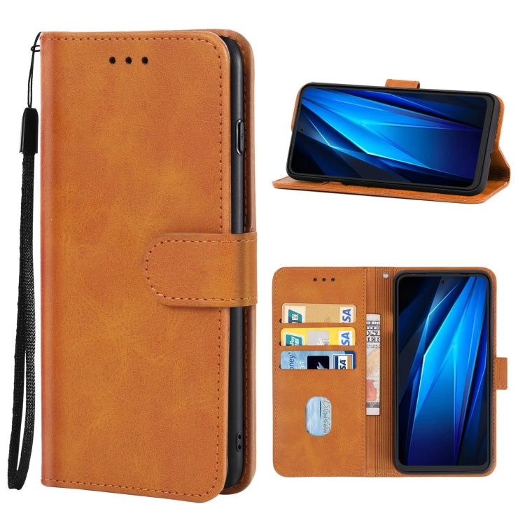 Brown leather phone case with flip cover and magnetic closure, card slot cutout