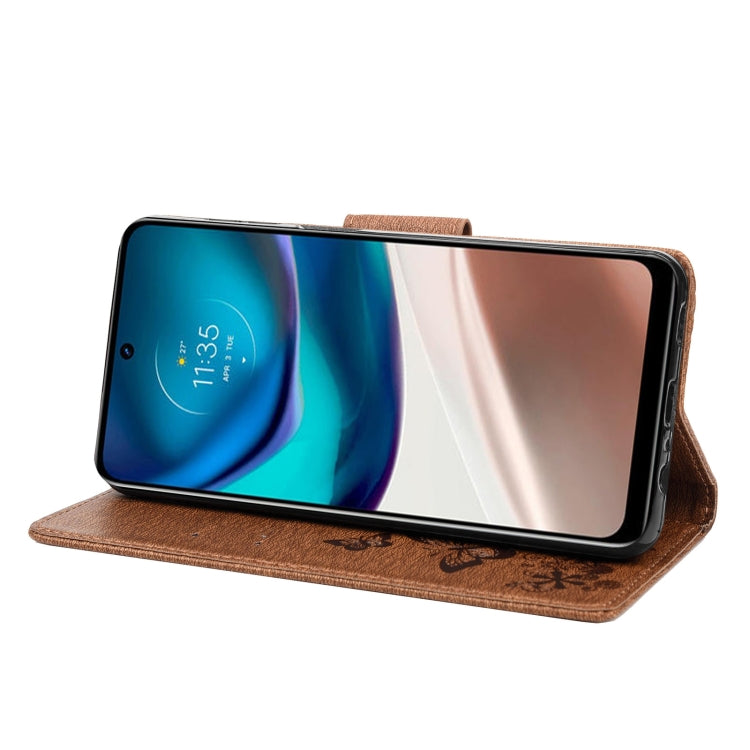 Brown butterfly embossed leather flip phone case with stand angle support.
