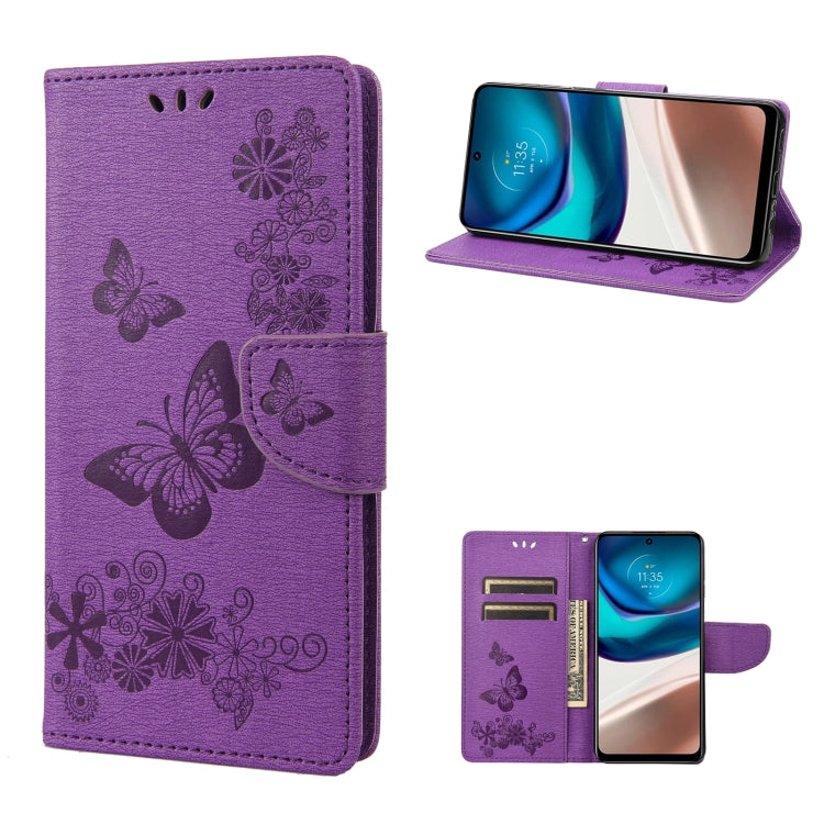 Purple butterfly embossed leather flip phone case with card slots and magnetic closure.