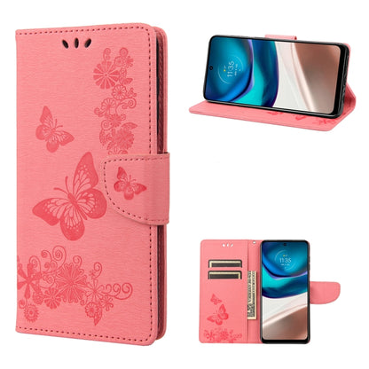 Pink butterfly-embossed flip leather phone case with magnetic strap and card slot