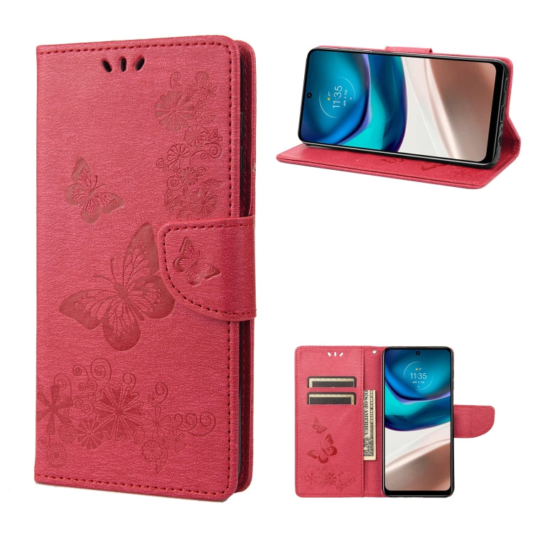 Red butterfly-embossed flip leather phone case with magnetic side wallet slot