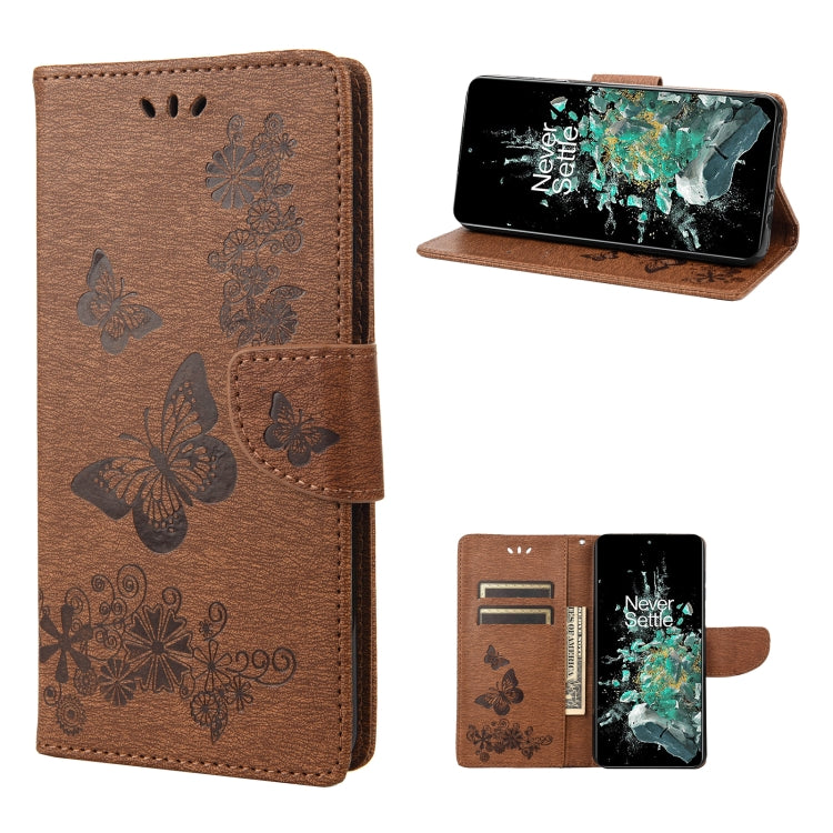 Brown butterfly embossed flip leather phone case showing phone screen and card slots.