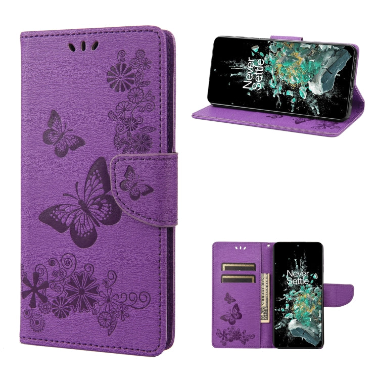 Purple butterfly embossed flip leather phone case with card slot and stand