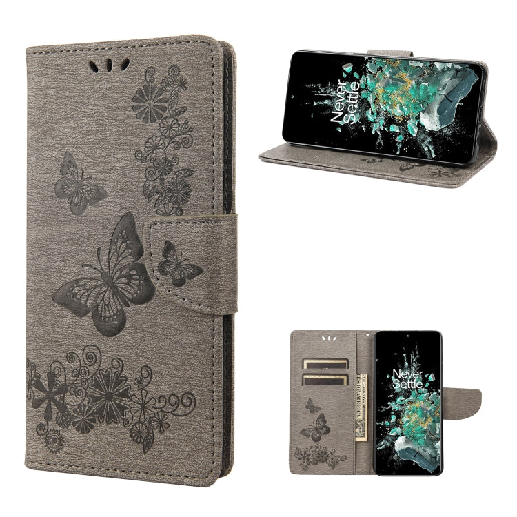 Gray butterfly embossed flip leather phone case, folded for viewing with stand
