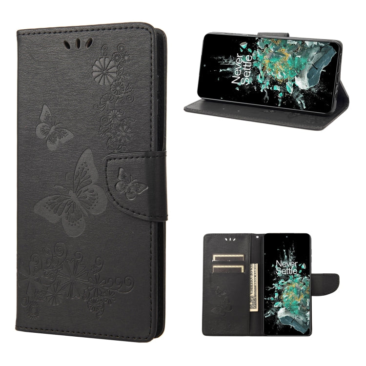 Black butterfly embossed flip leather phone case, folded for viewing with stand