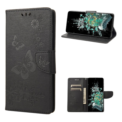 Black butterfly embossed flip leather phone case, folded for viewing with stand