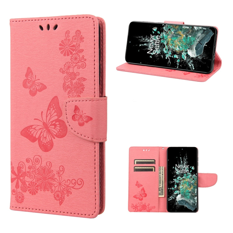 Pink butterfly-embossed flip leather phone case in stand mode with side cutout