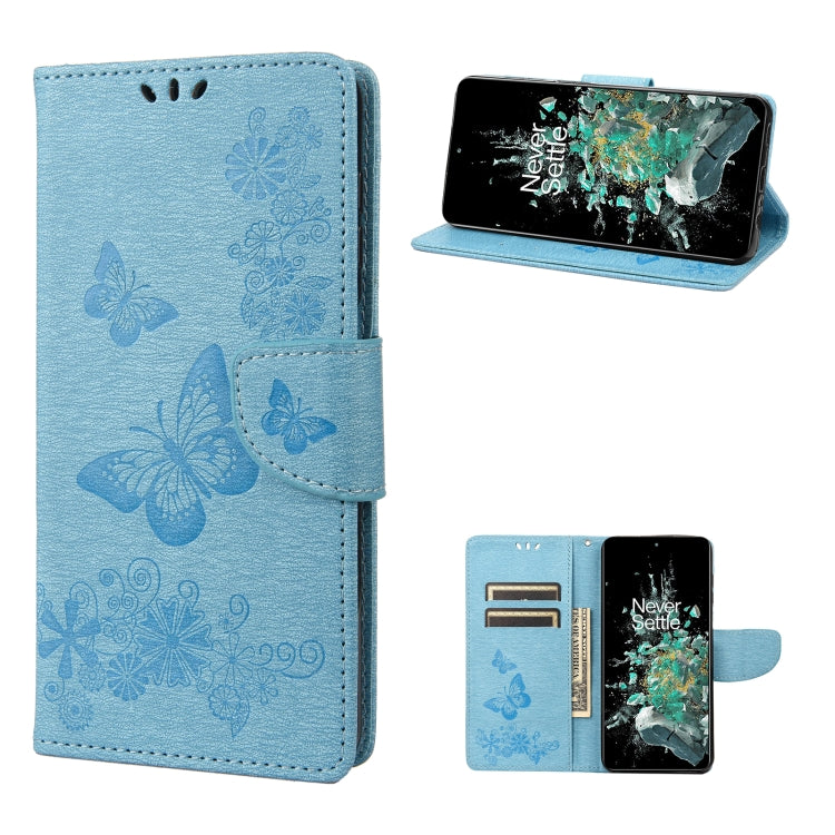 Blue butterfly-embossed flip leather phone case shown open in landscape stand mode