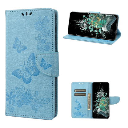 Blue butterfly-embossed flip leather phone case shown open in landscape stand mode
