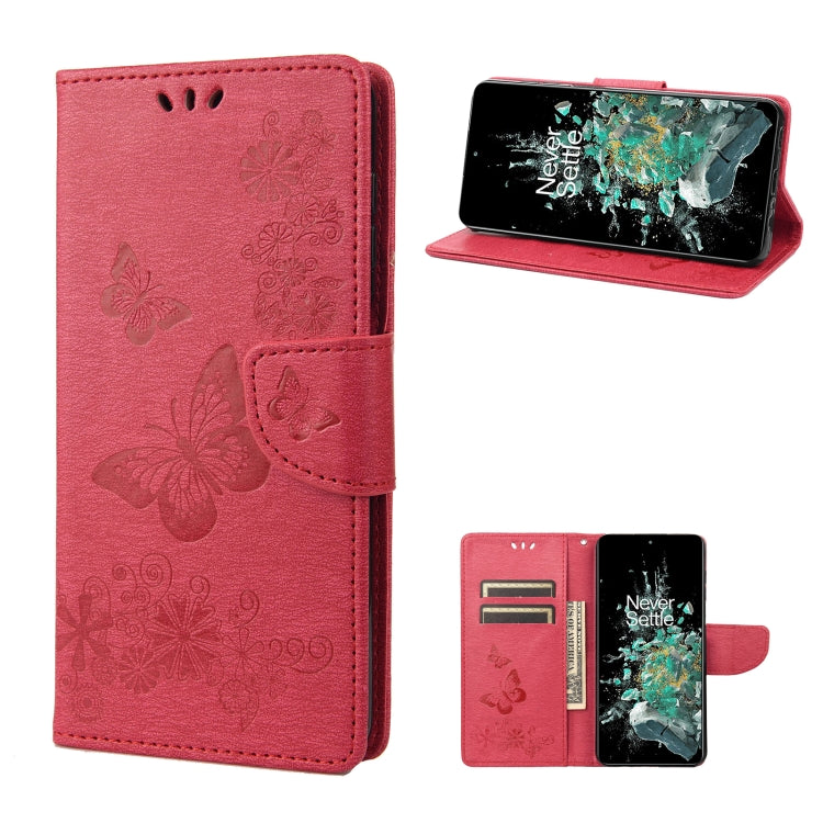 Butterfly embossed flip leather phone case in pink with card slots and magnetic strap