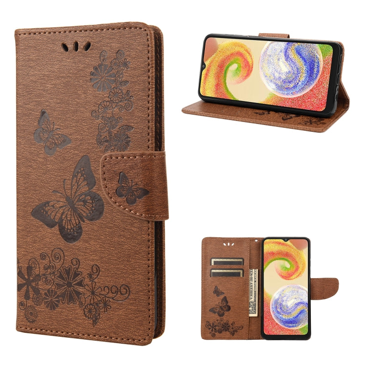 Brown butterfly embossed flip leather phone case with folio cover and side strap.