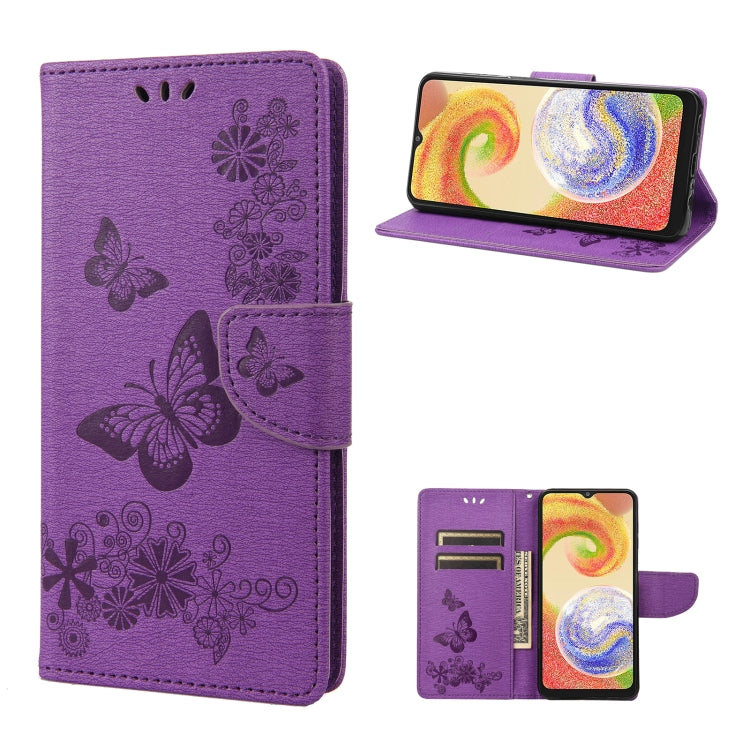 Purple butterfly embossed flip leather phone case with card slots and standing cover