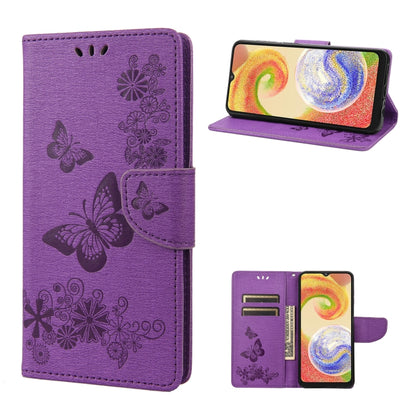 Purple butterfly embossed flip leather phone case with card slots and standing cover