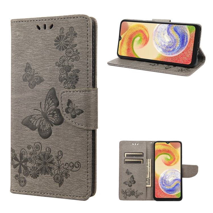 Gray butterfly embossed flip leather phone case with card slots and protective cover