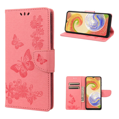Pink butterfly-embossed flip leather phone case with magnetic closure and viewing stand