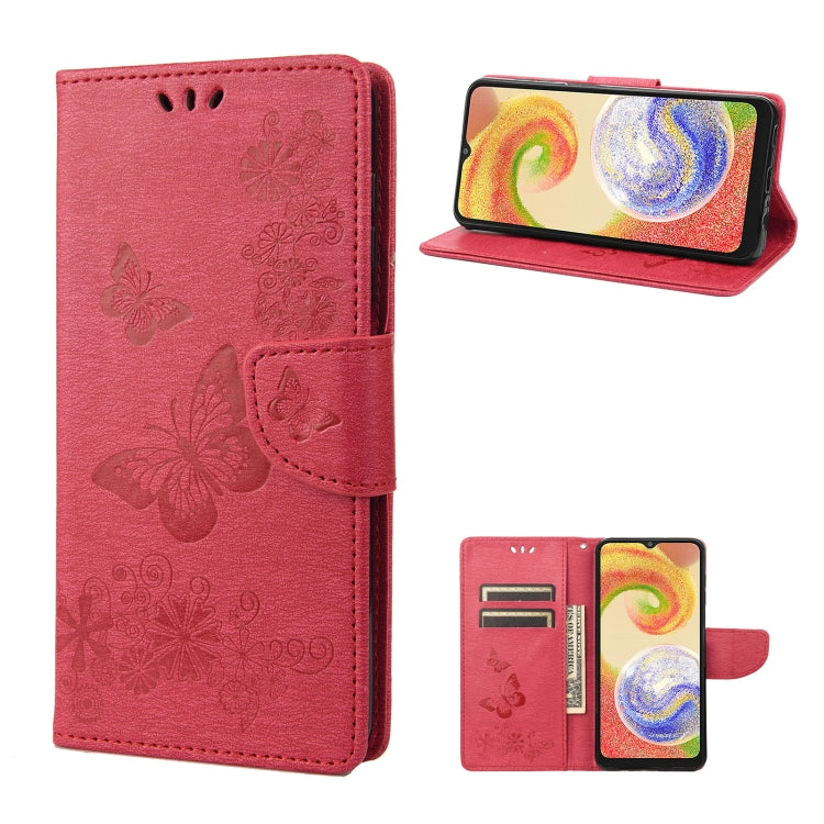 Butterfly embossed flip leather phone case in pink, folded cover with stand position