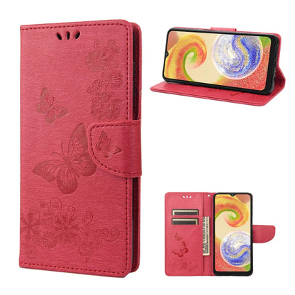 Butterfly embossed flip leather phone case in pink, folded cover with stand position