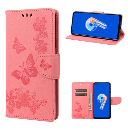 Pink butterfly-embossed flip leather phone case with magnetic wallet flap and slot