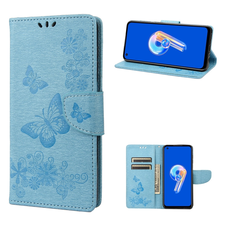 Blue butterfly-embossed flip leather phone case with magnetic closure and side wallet