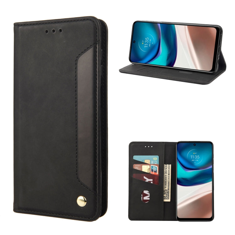 Black folio leather phone case with card slots, stand view, and magnetic clasp