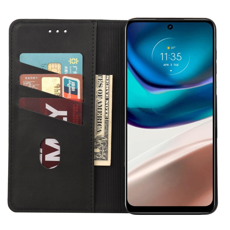 Black leather folio phone case with card slots and open stand for viewing