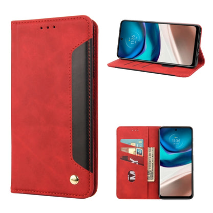 Red folio leather phone case with card slots and magnetic clasp, phone shown