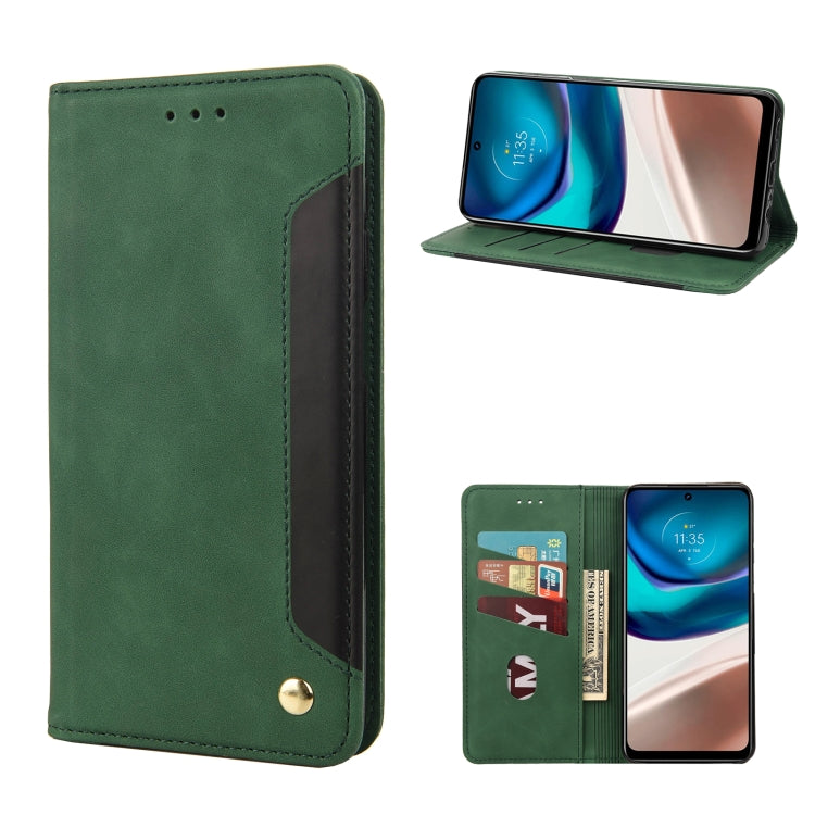Green leather-style folio phone case with card slots, stitched trim, snap clasp