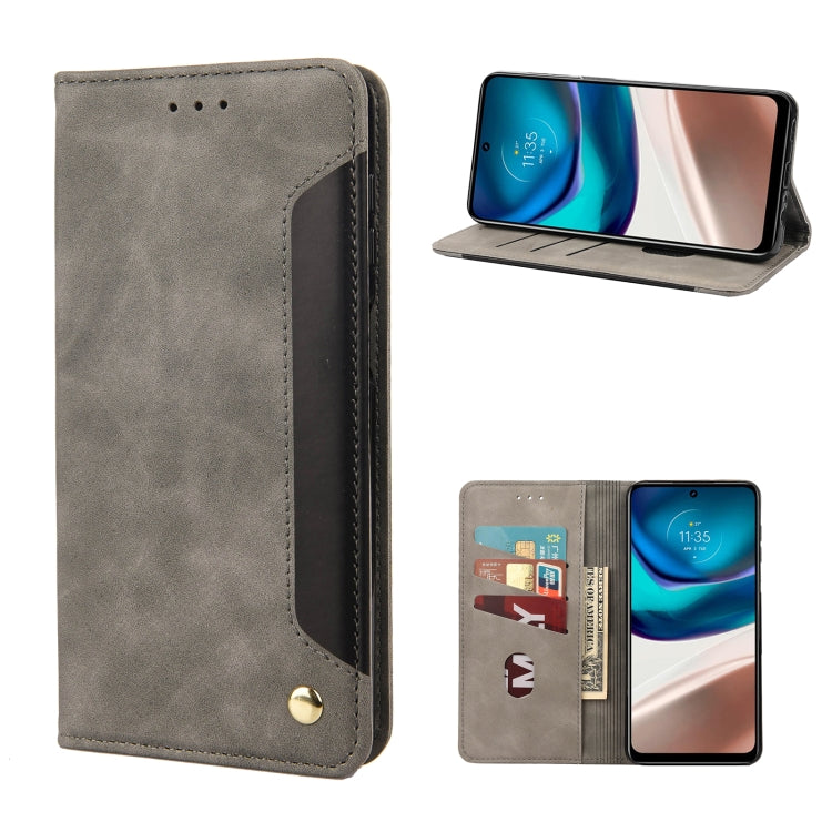 Grey leather-style folio phone case with stitched edges and snap clasp