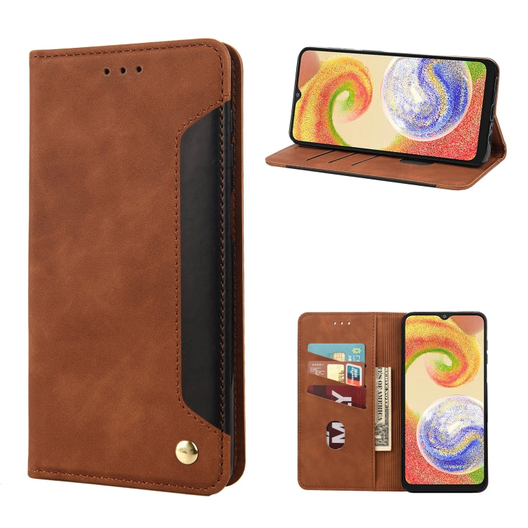 Brown leather-look flip phone case with stand display and card slots