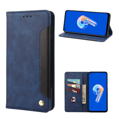Dark blue leather-style folio phone case with stitched edges and snap clasp