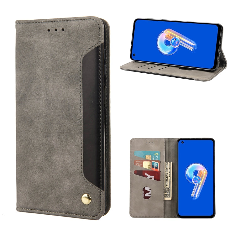 Grey leather-style folio phone case with snap clasp and viewing window