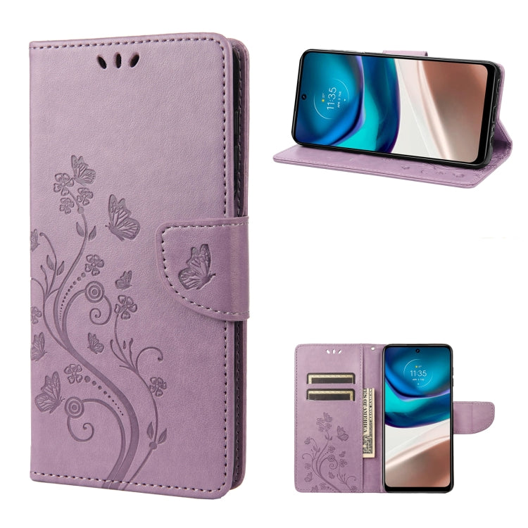 Light purple flip phone case with butterfly and floral swirl pattern, front view.