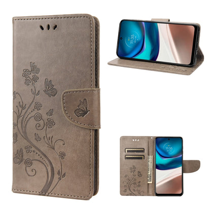 Light purple flip phone case with butterfly floral swirl pattern, front view and wallet pocket.