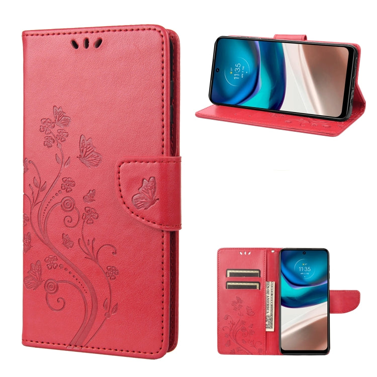 Red flip leather phone case with butterfly flower pattern, card holder and stand