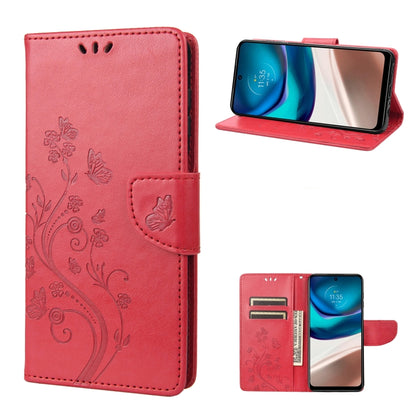 Red flip leather phone case with butterfly flower pattern, card holder and stand
