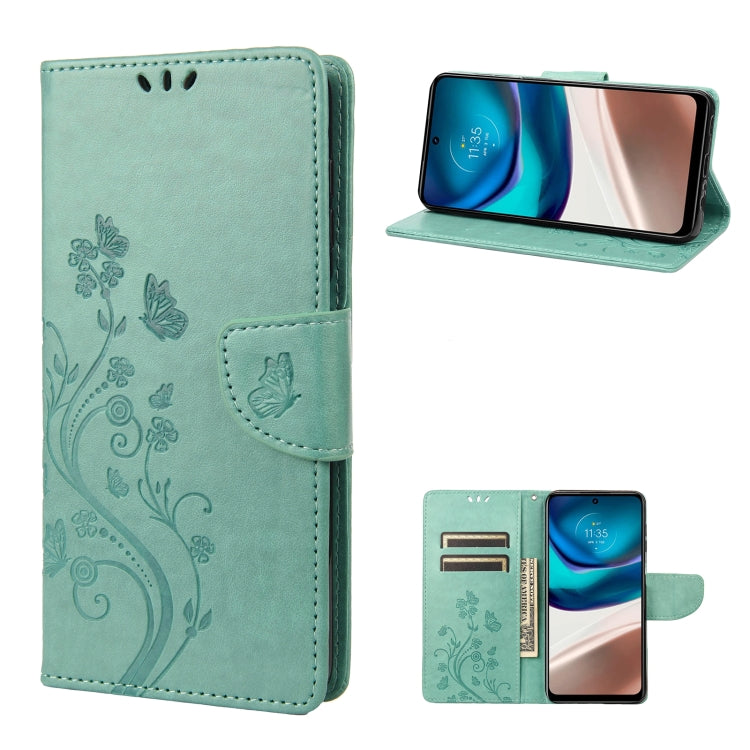 Mint green flip leather phone case with butterfly flower pattern and hinged stand