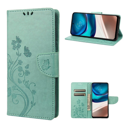 Mint green flip leather phone case with butterfly flower pattern and hinged stand