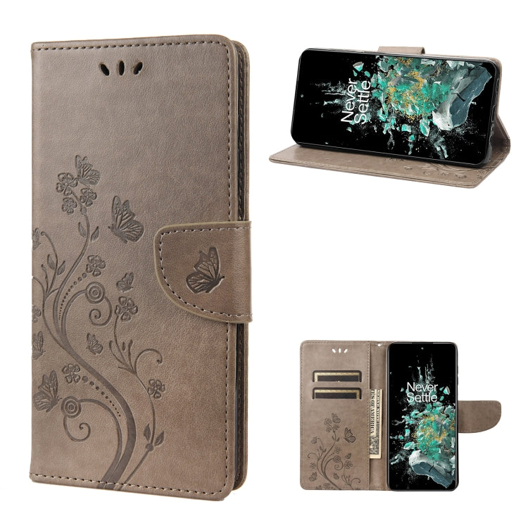 Light gray flip leather phone case with butterfly flower pattern, card holder and stand