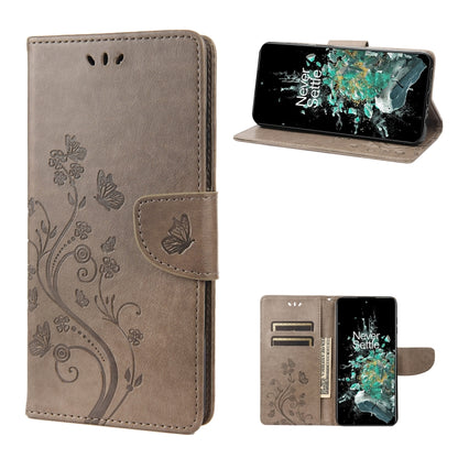 Light gray flip leather phone case with butterfly flower pattern, card holder and stand
