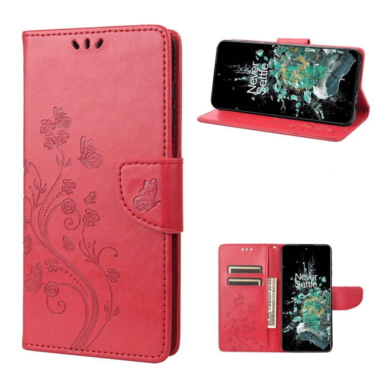Red flip leather phone case with butterfly flower pattern, card holder and stand
