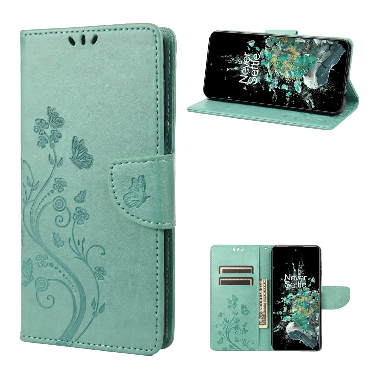 Light green flip leather phone case with butterfly flower pattern and card holder
