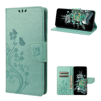Light green flip leather phone case with butterfly flower pattern and card holder